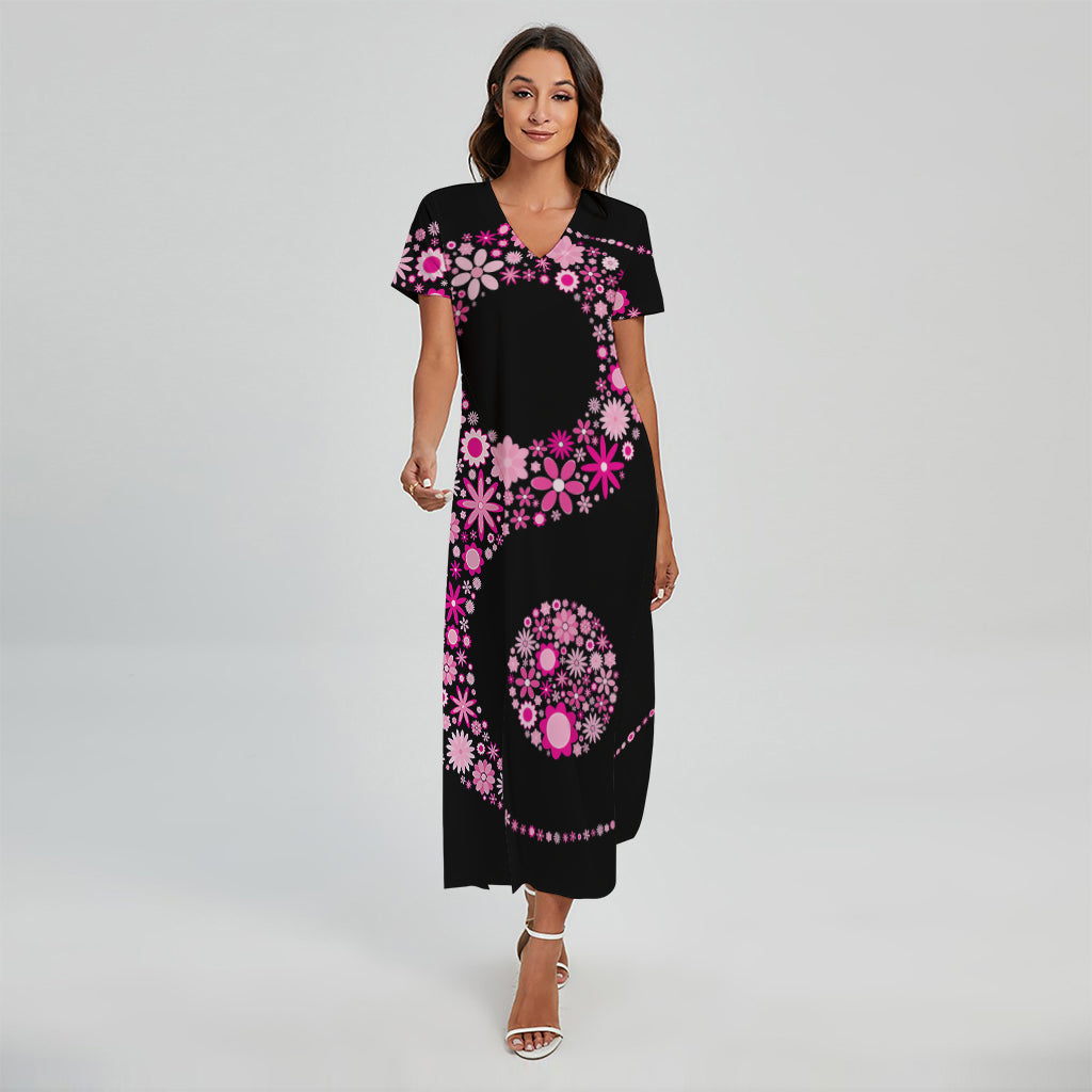 Pink Flowers Yin Yang Print Short Sleeve Maxi Dress