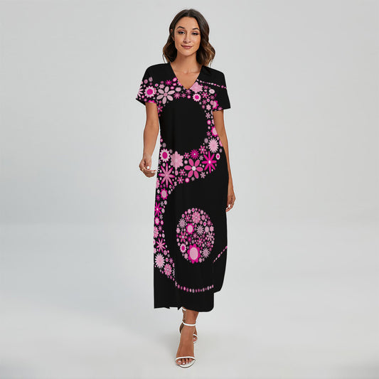 Pink Flowers Yin Yang Print Short Sleeve Maxi Dress