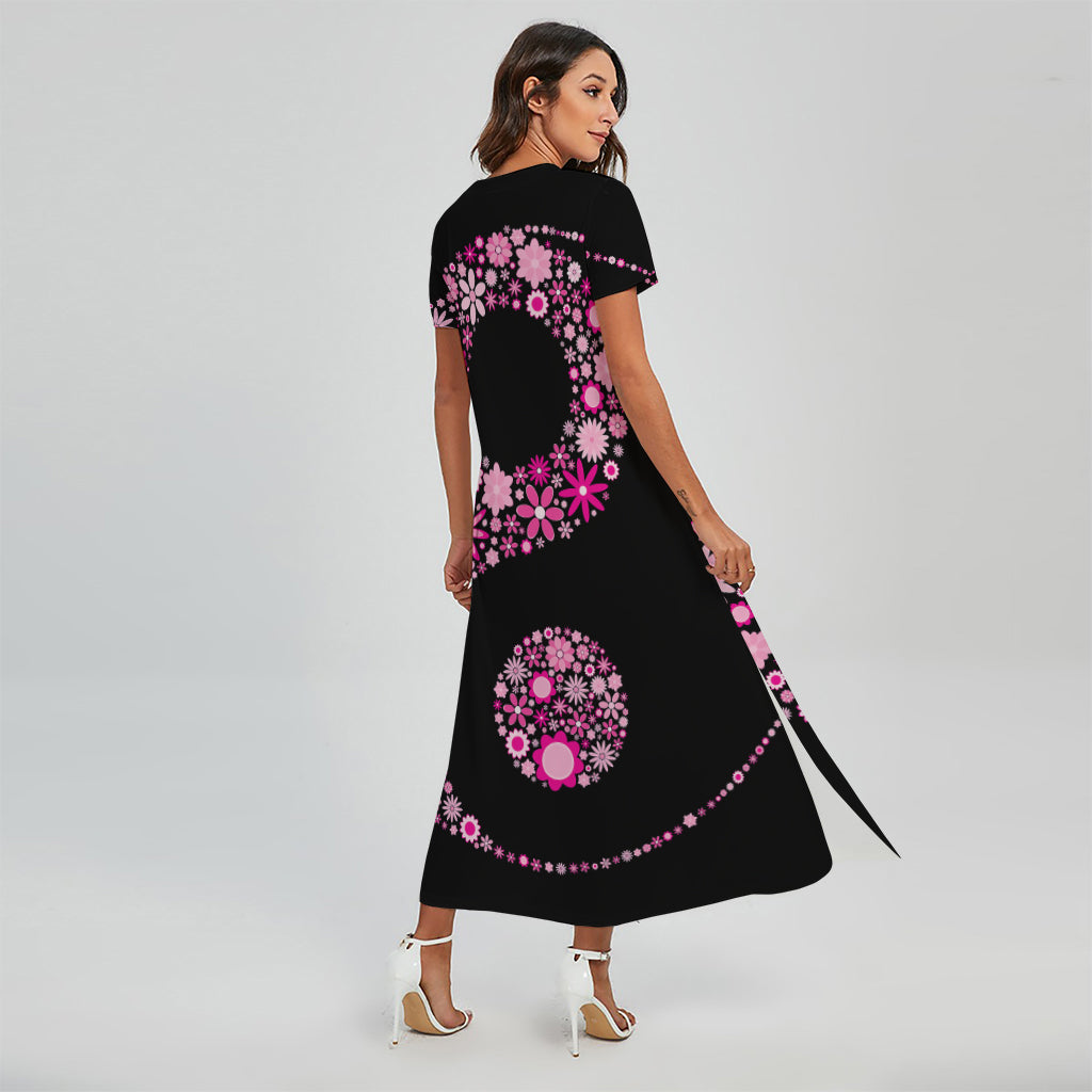 Pink Flowers Yin Yang Print Short Sleeve Maxi Dress