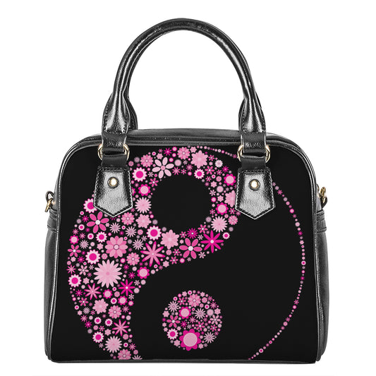 Pink Flowers Yin Yang Print Shoulder Handbag