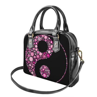 Pink Flowers Yin Yang Print Shoulder Handbag