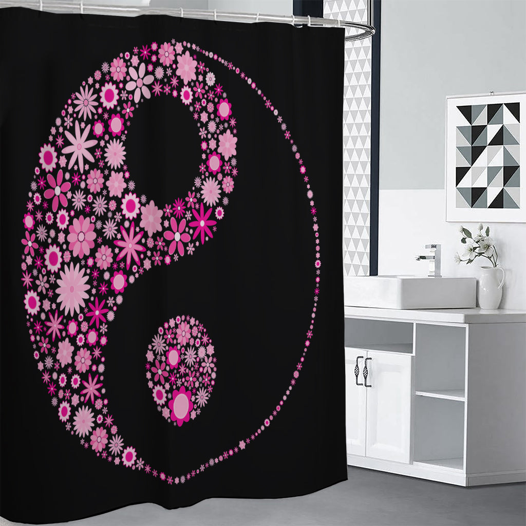 Pink Flowers Yin Yang Print Shower Curtain