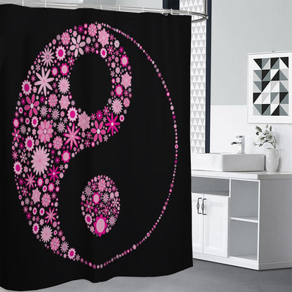 Pink Flowers Yin Yang Print Shower Curtain