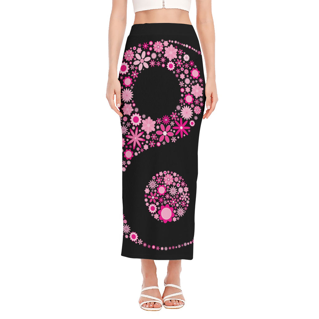 Pink Flowers Yin Yang Print Side Slit Maxi Skirt