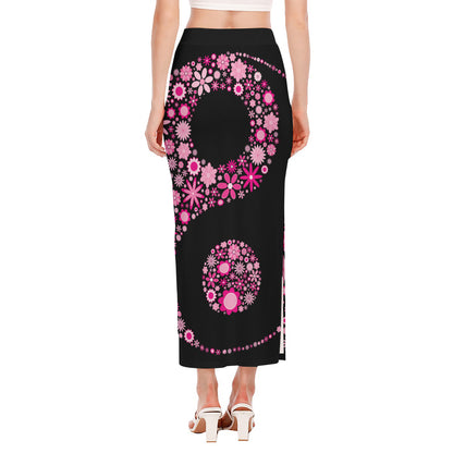 Pink Flowers Yin Yang Print Side Slit Maxi Skirt