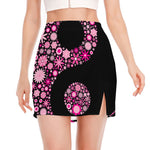 Pink Flowers Yin Yang Print Side Slit Mini Skirt