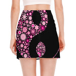 Pink Flowers Yin Yang Print Side Slit Mini Skirt