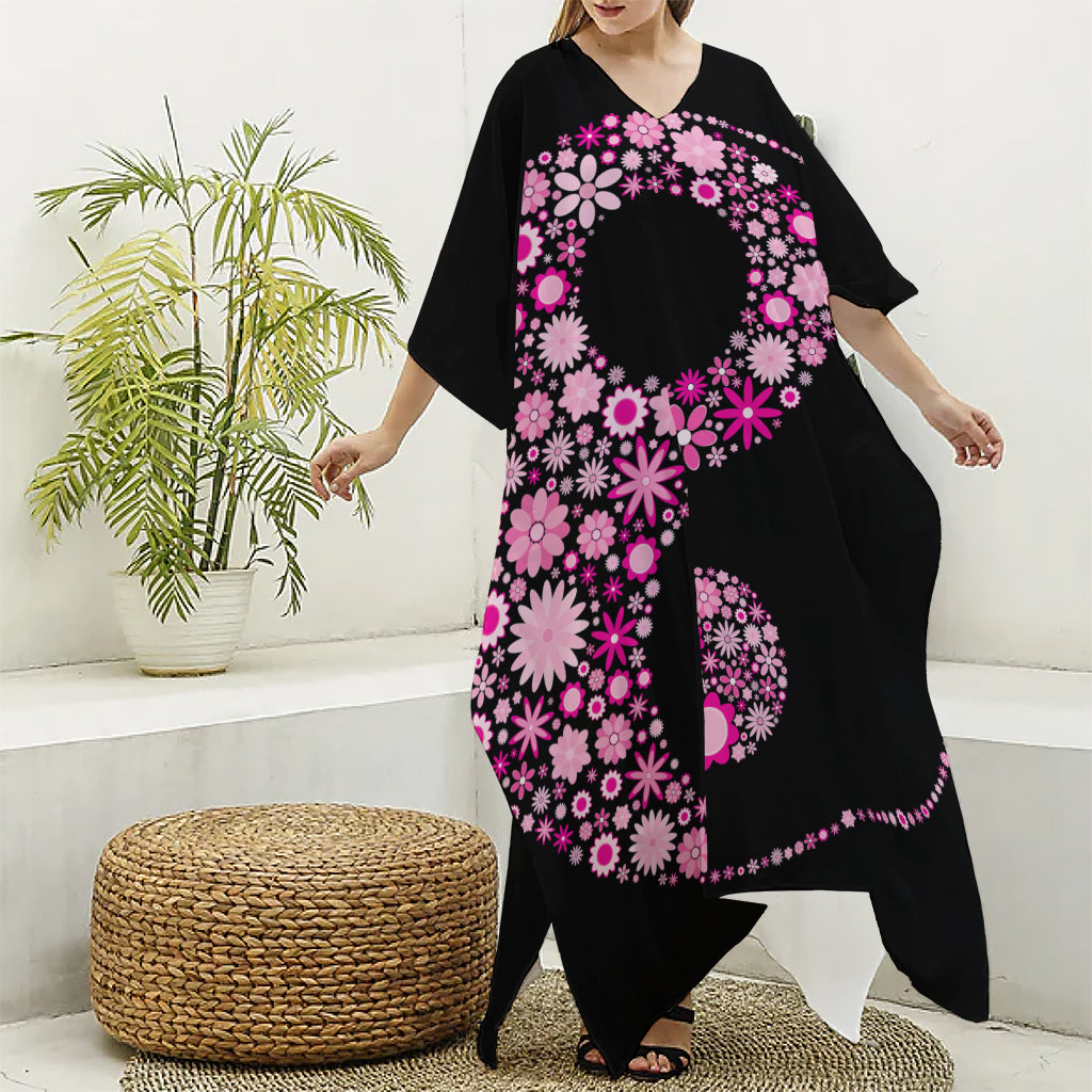 Pink Flowers Yin Yang Print Silk V-Neck Kaftan Dress