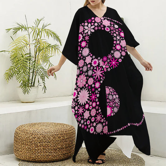 Pink Flowers Yin Yang Print Silk V-Neck Kaftan Dress