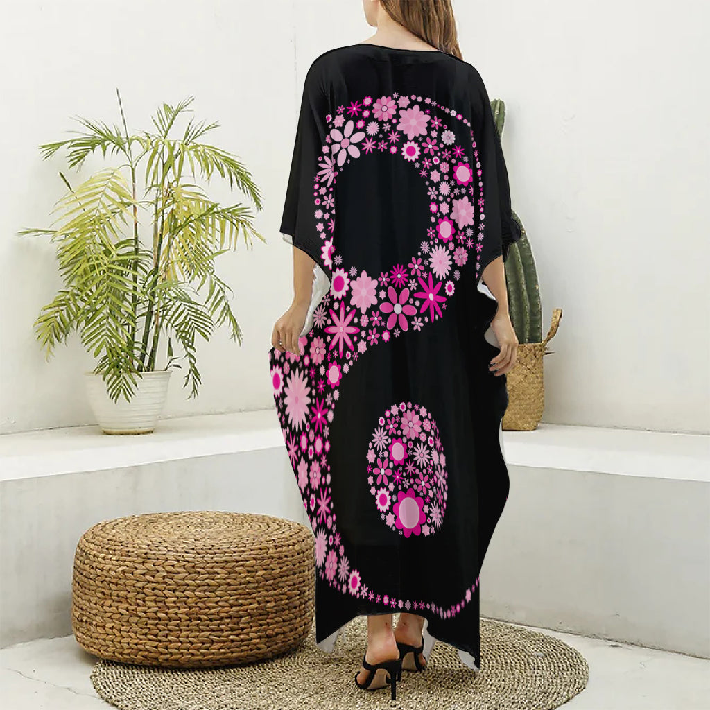 Pink Flowers Yin Yang Print Silk V-Neck Kaftan Dress