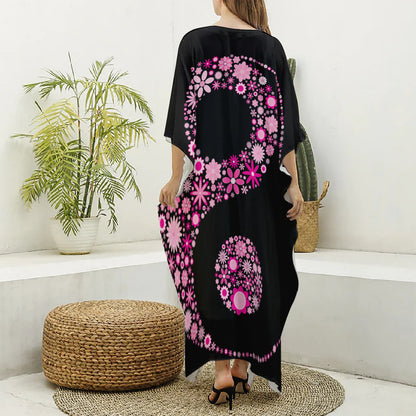 Pink Flowers Yin Yang Print Silk V-Neck Kaftan Dress