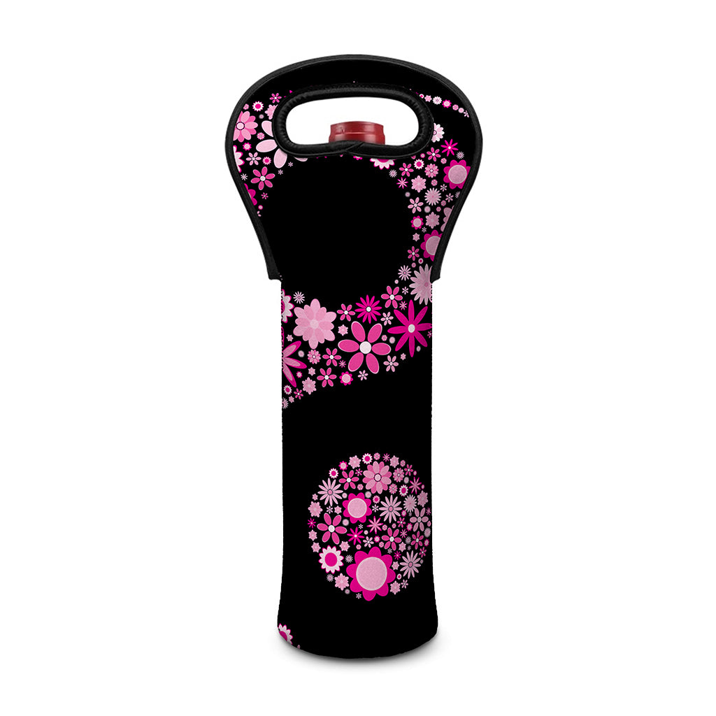 Pink Flowers Yin Yang Print Single Neoprene Wine Tote