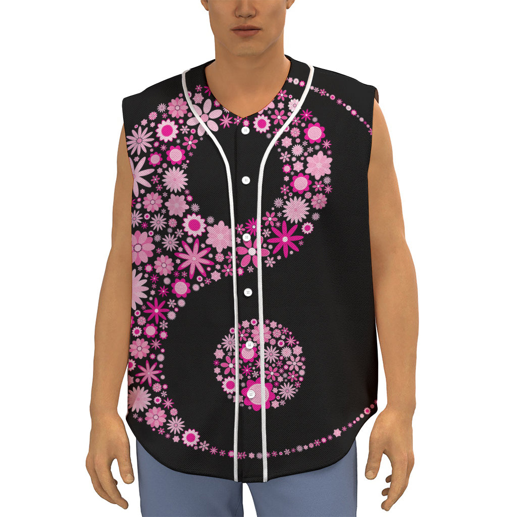 Pink Flowers Yin Yang Print Sleeveless Baseball Jersey