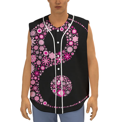 Pink Flowers Yin Yang Print Sleeveless Baseball Jersey