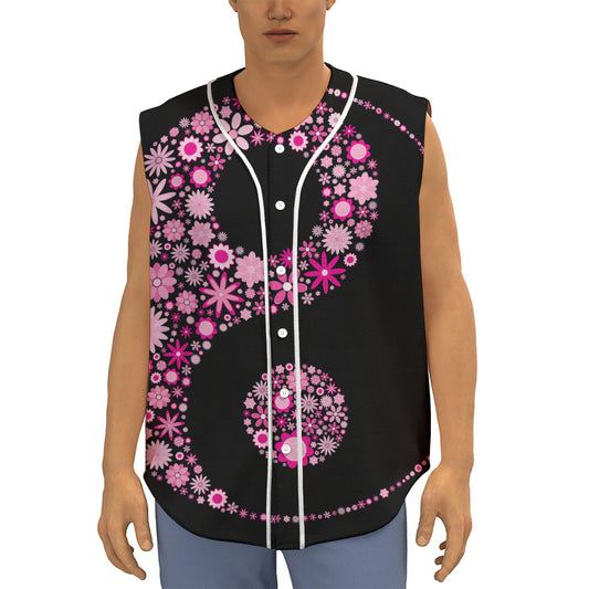 Pink Flowers Yin Yang Print Sleeveless Baseball Jersey