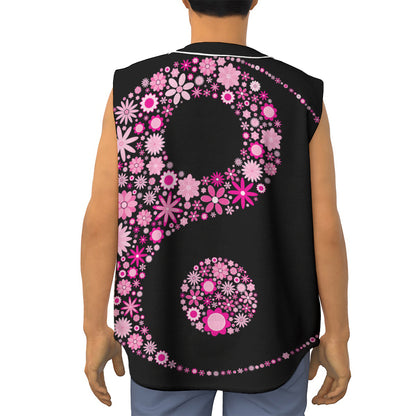 Pink Flowers Yin Yang Print Sleeveless Baseball Jersey