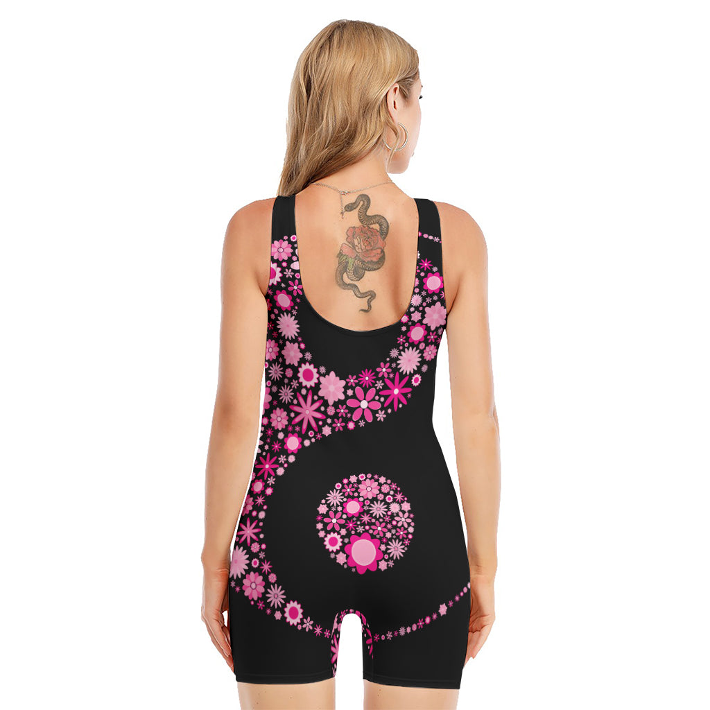 Pink Flowers Yin Yang Print Sleeveless One Piece Swimsuit