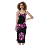 Pink Flowers Yin Yang Print Slim Fit Midi Cami Dress