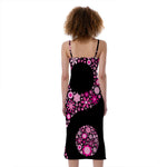 Pink Flowers Yin Yang Print Slim Fit Midi Cami Dress