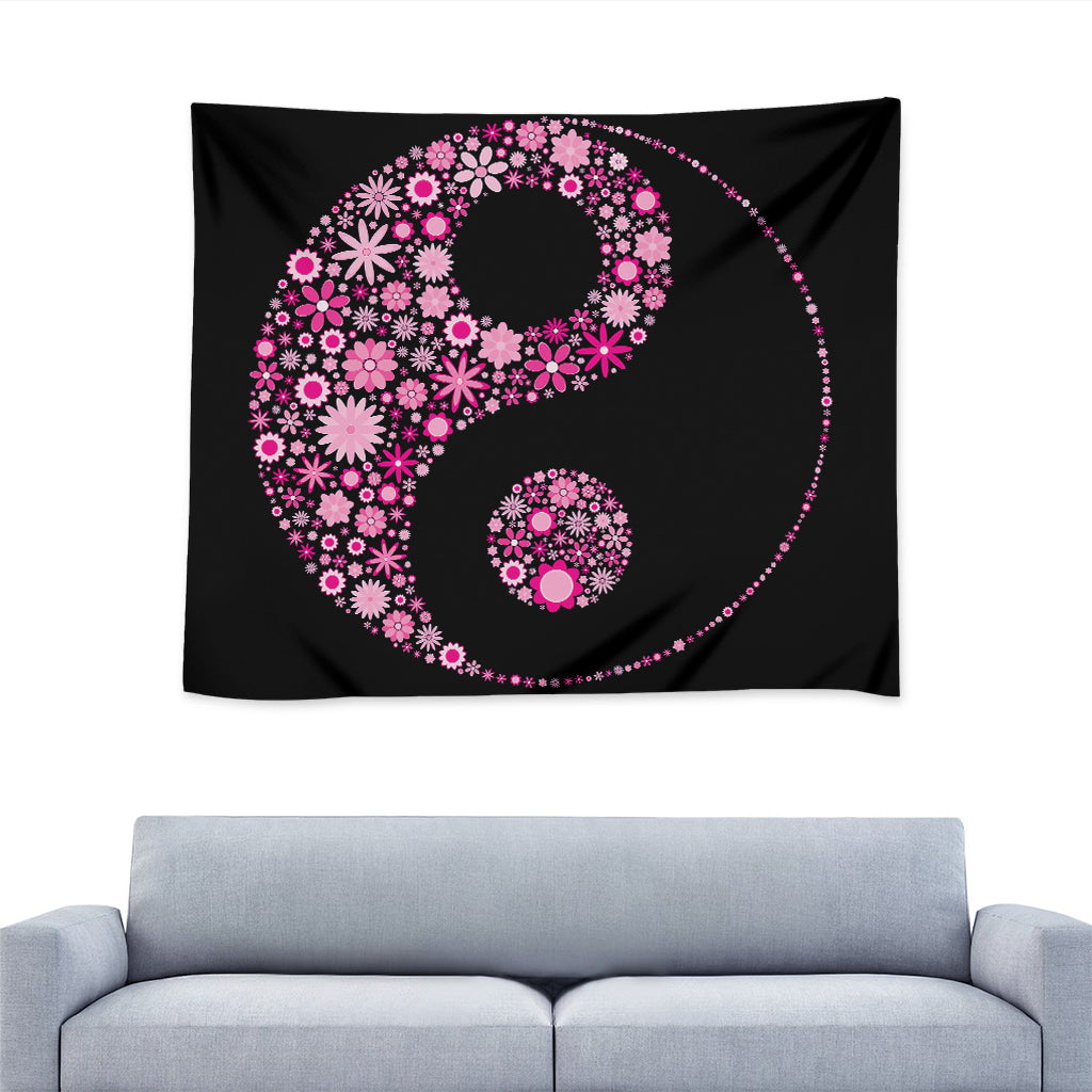 Pink Flowers Yin Yang Print Tapestry