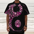 Pink Flowers Yin Yang Print Textured Short Sleeve Shirt