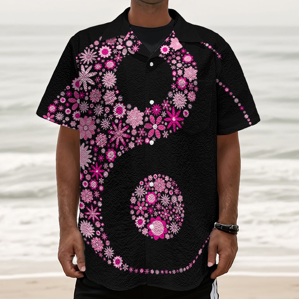 Pink Flowers Yin Yang Print Textured Short Sleeve Shirt