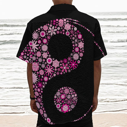 Pink Flowers Yin Yang Print Textured Short Sleeve Shirt