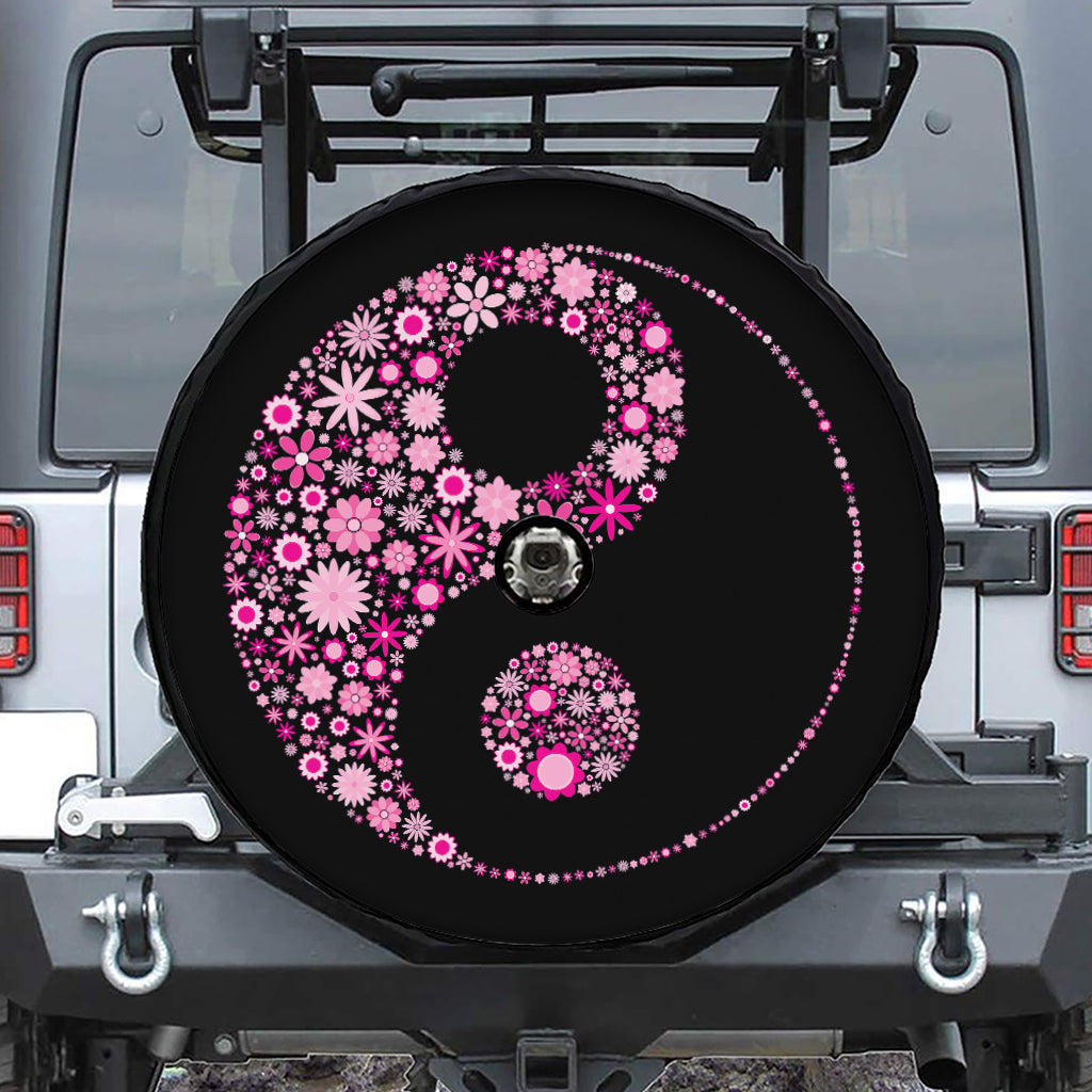 Pink Flowers Yin Yang Print Tire Cover With Camera Hole