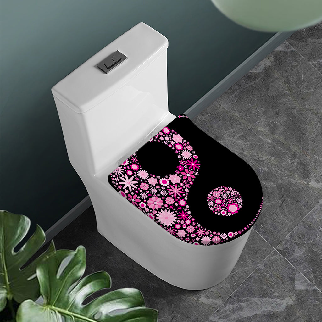 Pink Flowers Yin Yang Print Toilet Lid Cover