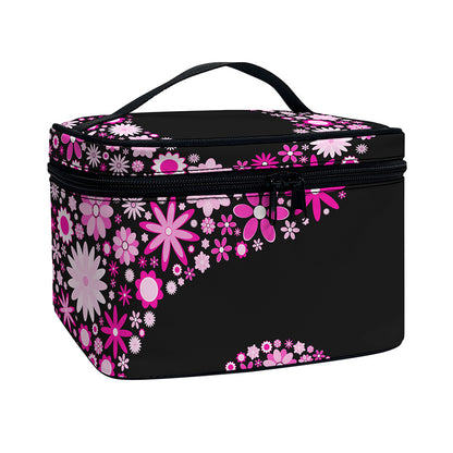 Pink Flowers Yin Yang Print Travel Makeup Bag