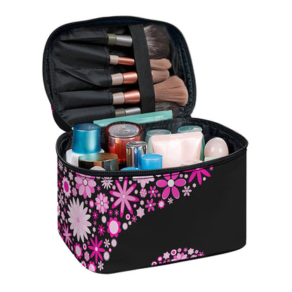 Pink Flowers Yin Yang Print Travel Makeup Bag