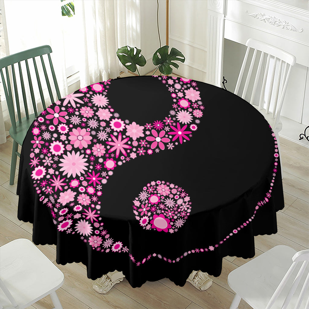 Pink Flowers Yin Yang Print Waterproof Round Tablecloth