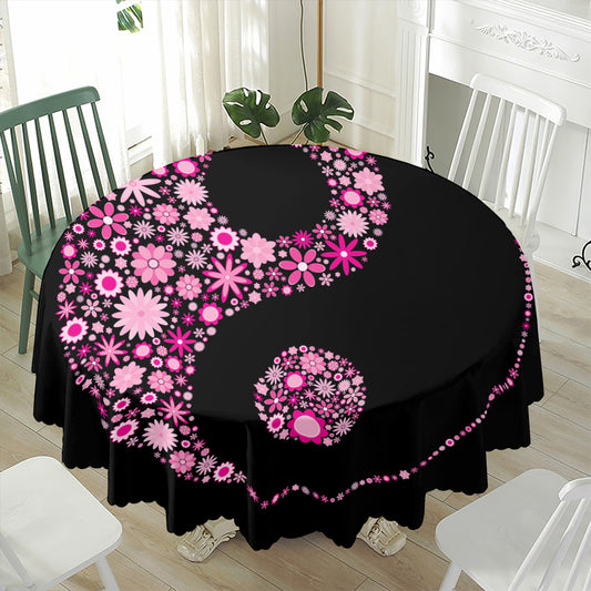 Pink Flowers Yin Yang Print Waterproof Round Tablecloth