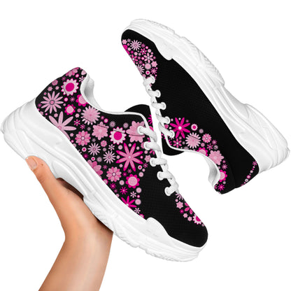 Pink Flowers Yin Yang Print White Chunky Shoes