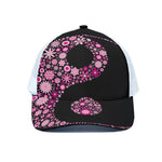 Pink Flowers Yin Yang Print White Mesh Trucker Cap