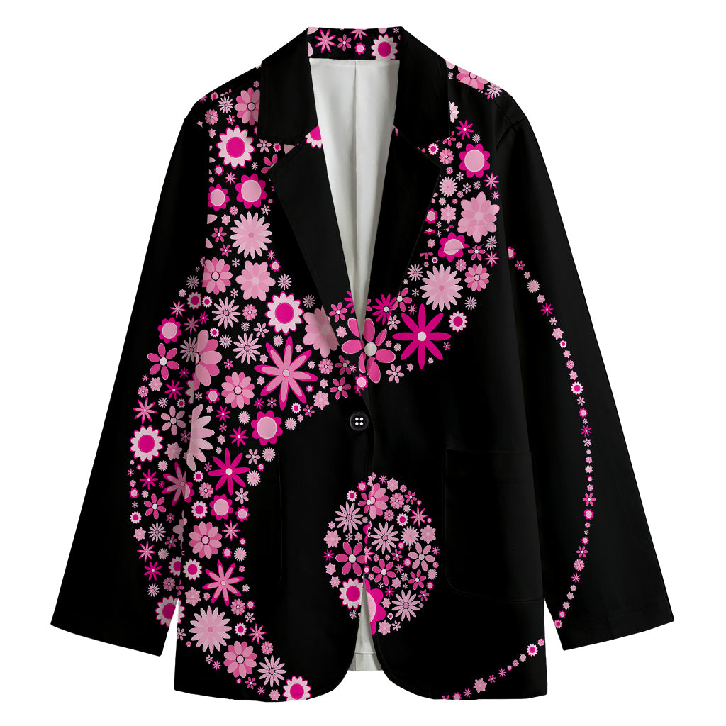 Pink Flowers Yin Yang Print Women's Blazer