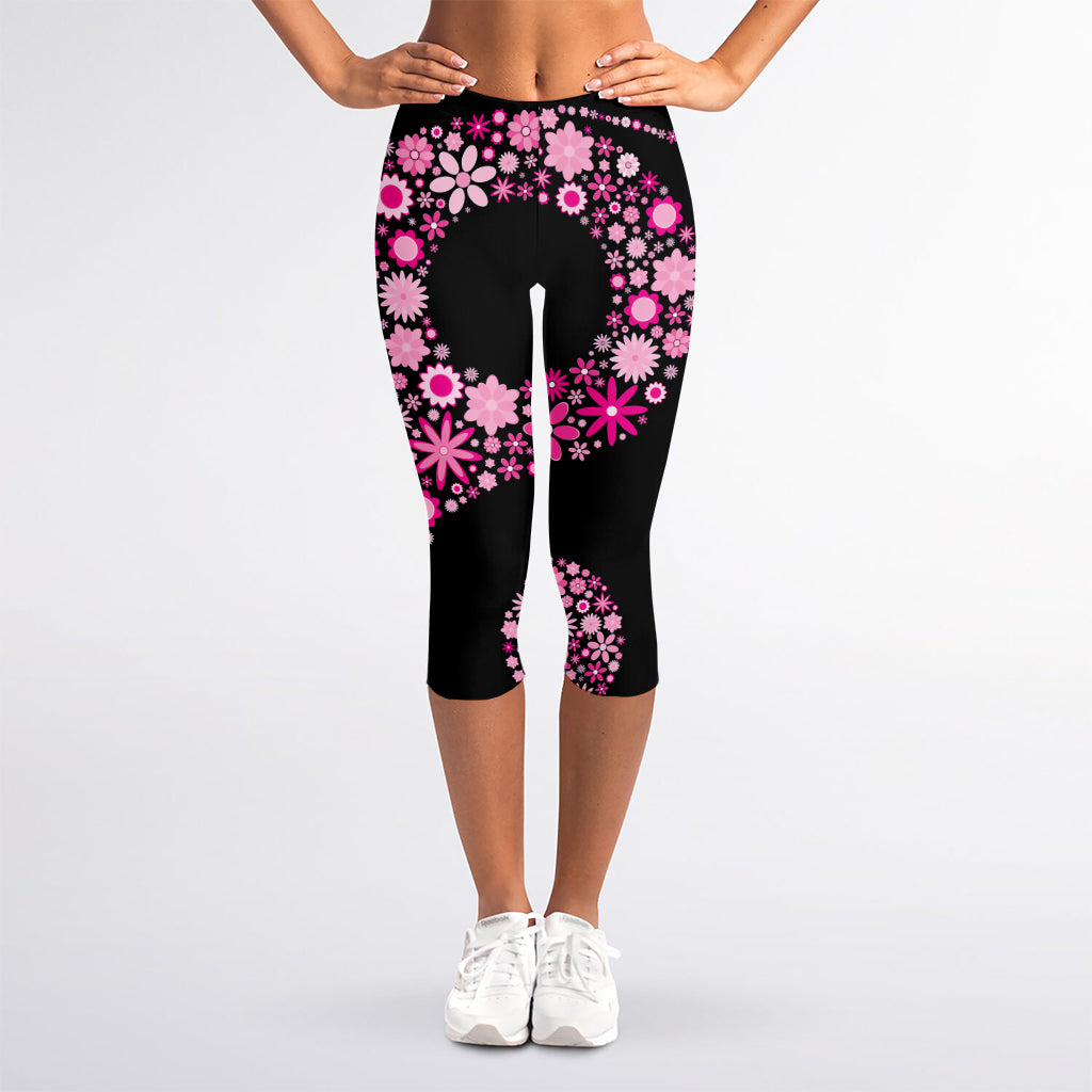 Pink Flowers Yin Yang Print Women's Capri Leggings