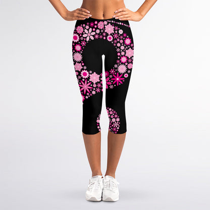 Pink Flowers Yin Yang Print Women's Capri Leggings