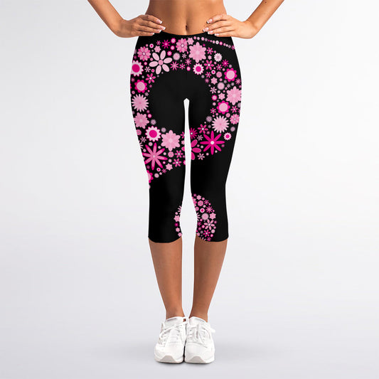 Pink Flowers Yin Yang Print Women's Capri Leggings