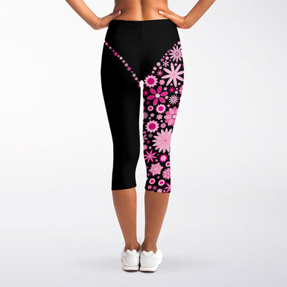 Pink Flowers Yin Yang Print Women's Capri Leggings