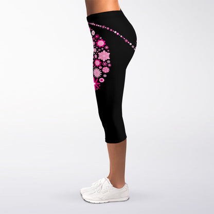 Pink Flowers Yin Yang Print Women's Capri Leggings