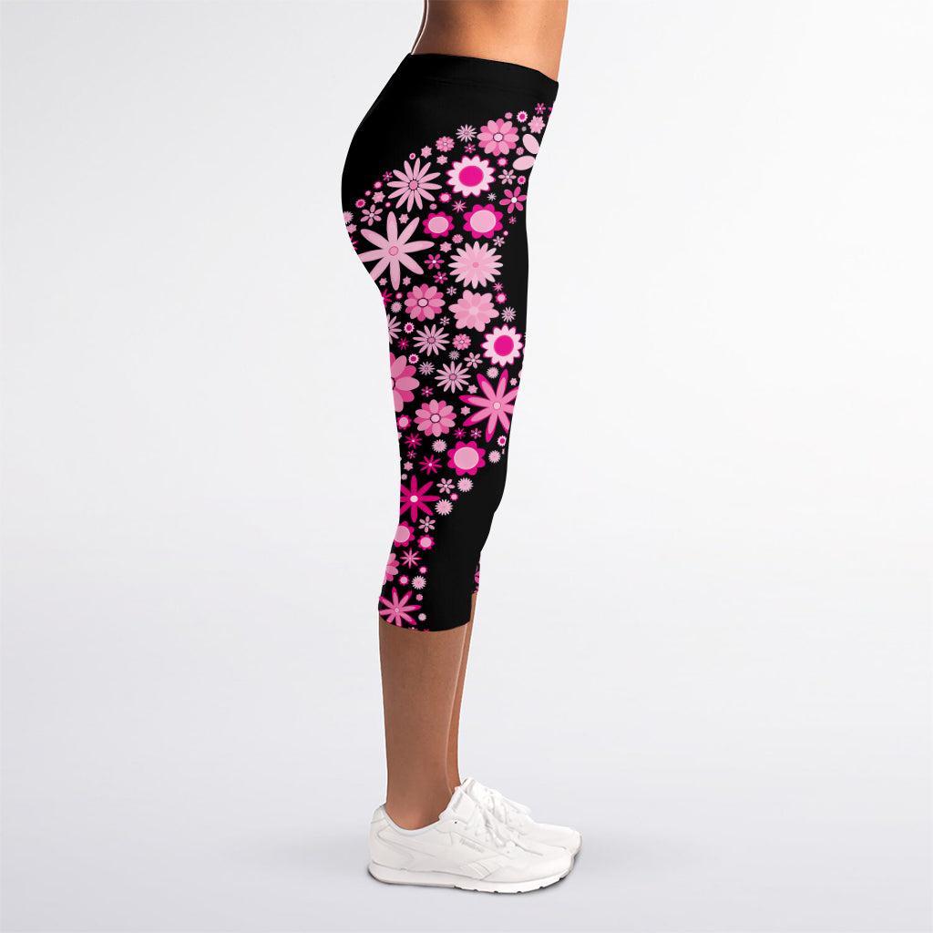Pink Flowers Yin Yang Print Women's Capri Leggings