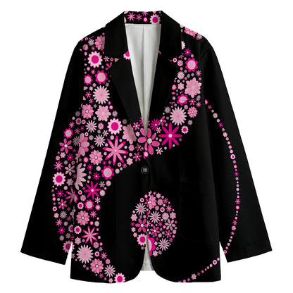 Pink Flowers Yin Yang Print Women's Cotton Blazer