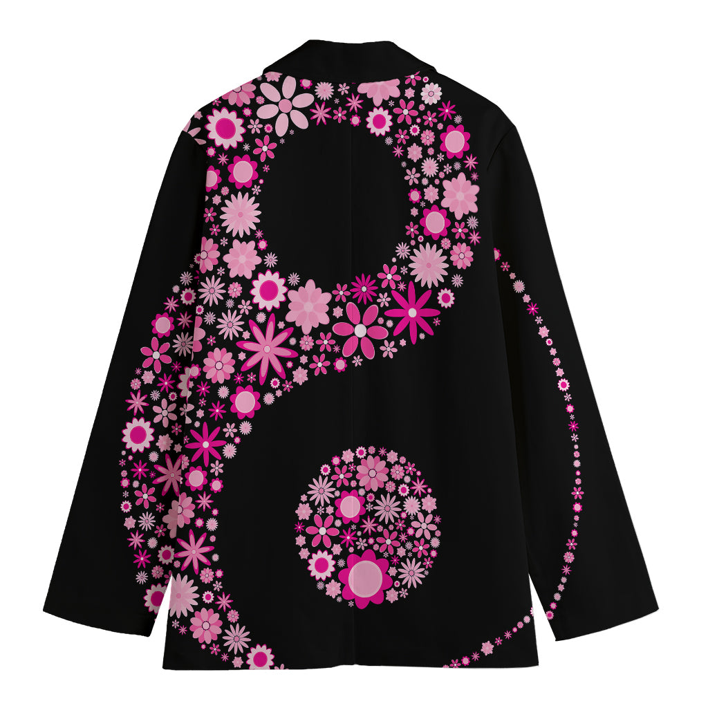 Pink Flowers Yin Yang Print Women's Cotton Blazer