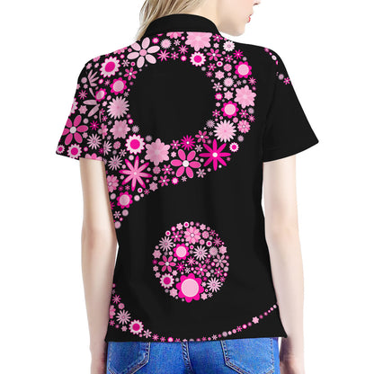Pink Flowers Yin Yang Print Women's Polo Shirt