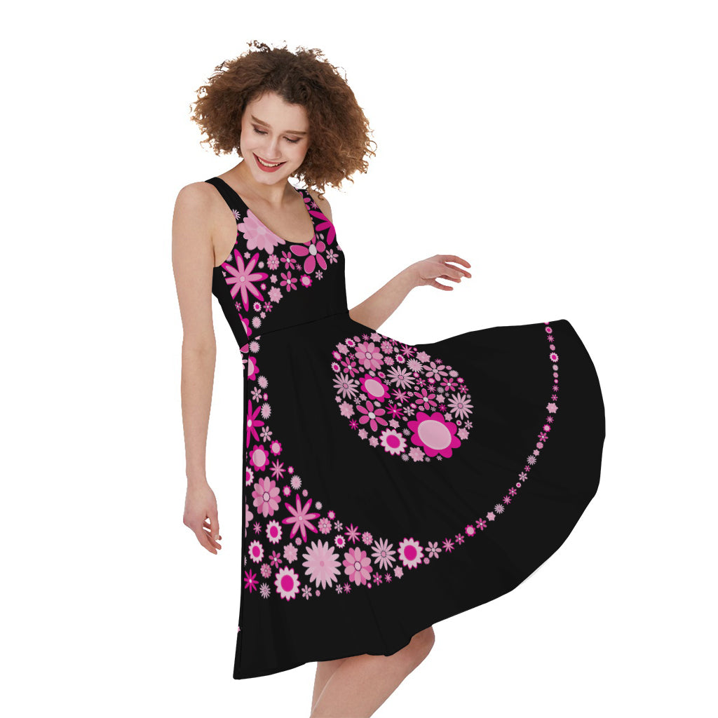 Pink Flowers Yin Yang Print Women's Sleeveless Dress