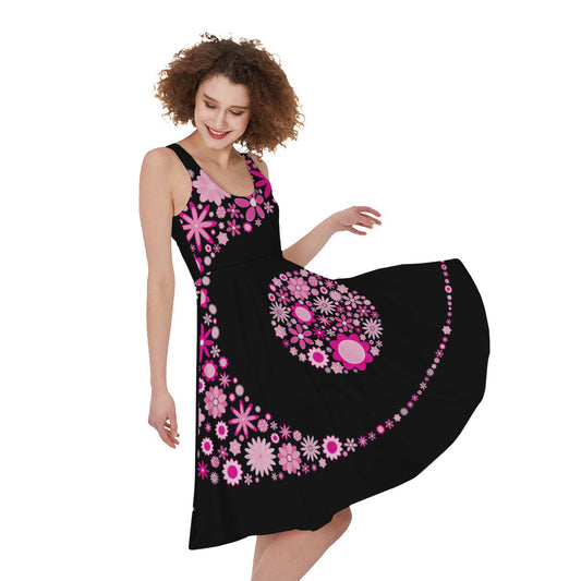 Pink Flowers Yin Yang Print Women's Sleeveless Dress