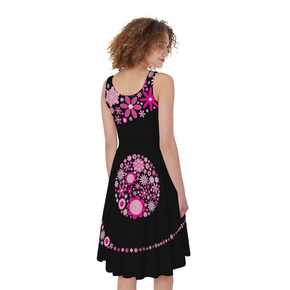 Pink Flowers Yin Yang Print Women's Sleeveless Dress