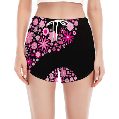 Pink Flowers Yin Yang Print Women's Split Running Shorts