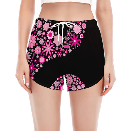 Pink Flowers Yin Yang Print Women's Split Running Shorts